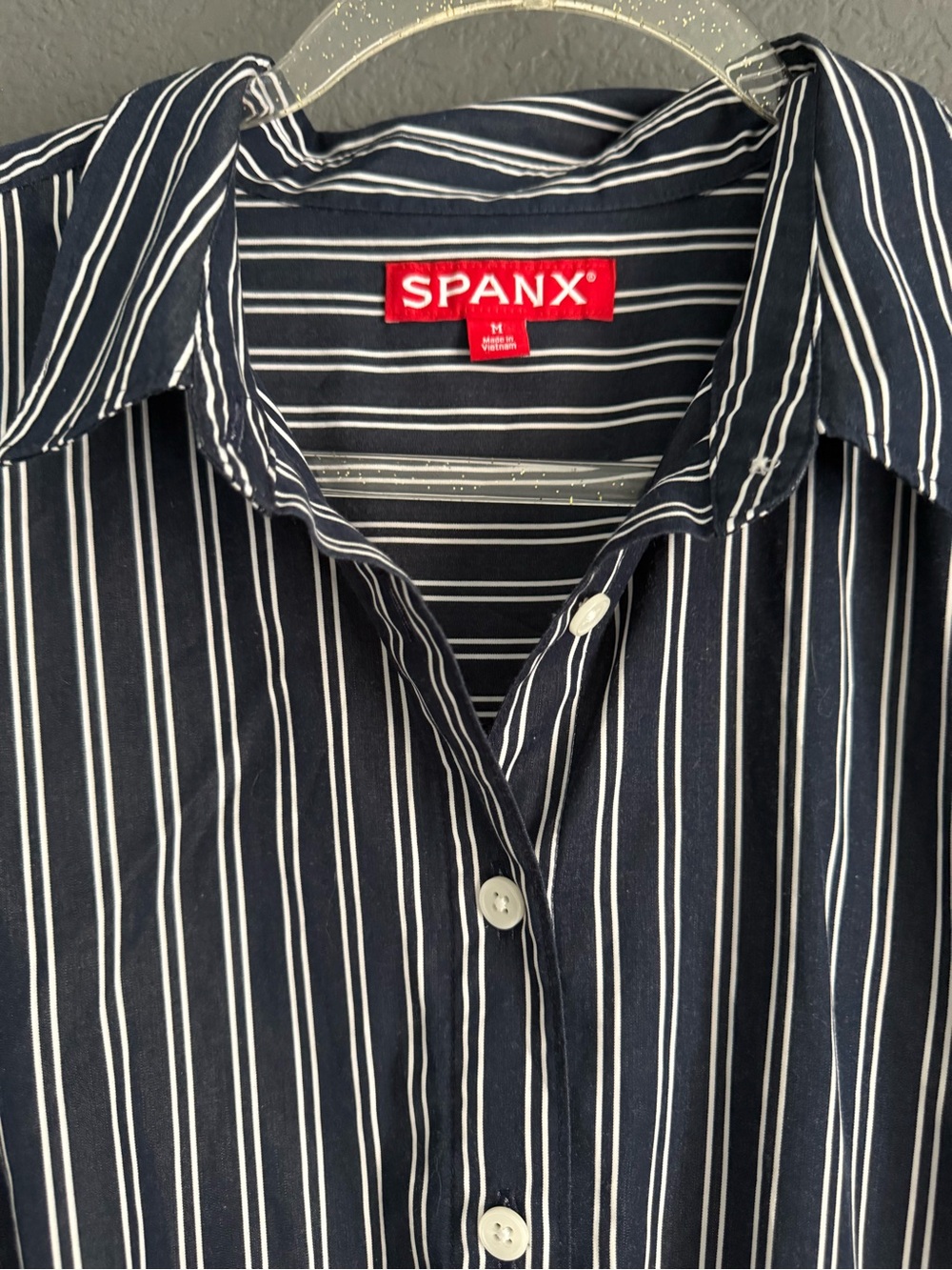 SPANX • Poplin smocked mini shirt dress - Navy and White Striped - Medium - Picture 6 of 10